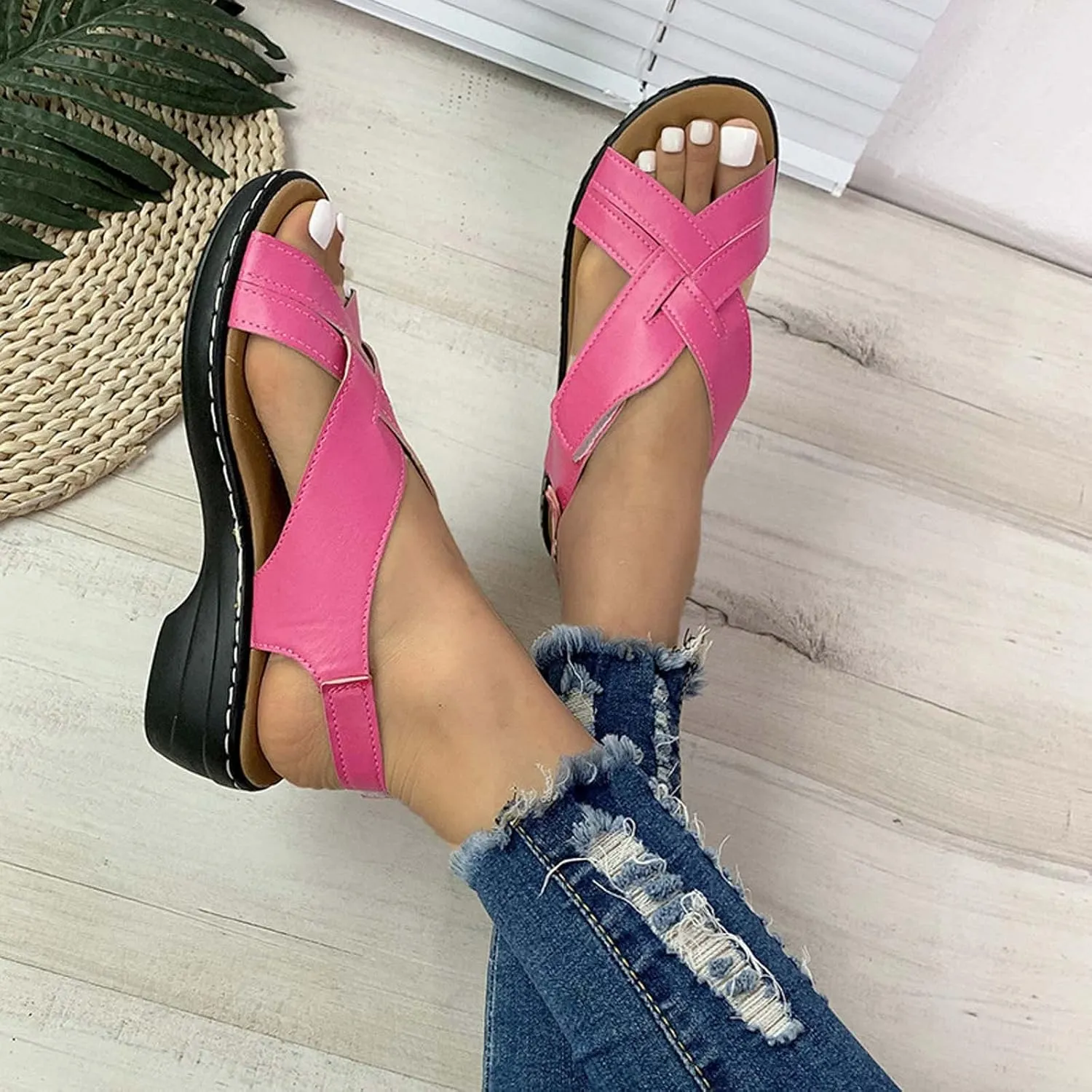 Womens Sandals Wedge Heel Open Toe Ankle Strap Comfortable Orthopedic Sandal with Arch Support Summer Casual Shoes