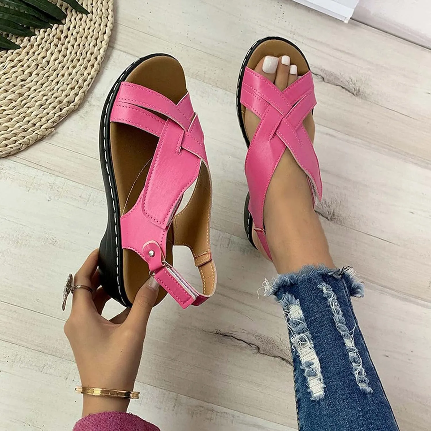 Womens Sandals Wedge Heel Open Toe Ankle Strap Comfortable Orthopedic Sandal with Arch Support Summer Casual Shoes
