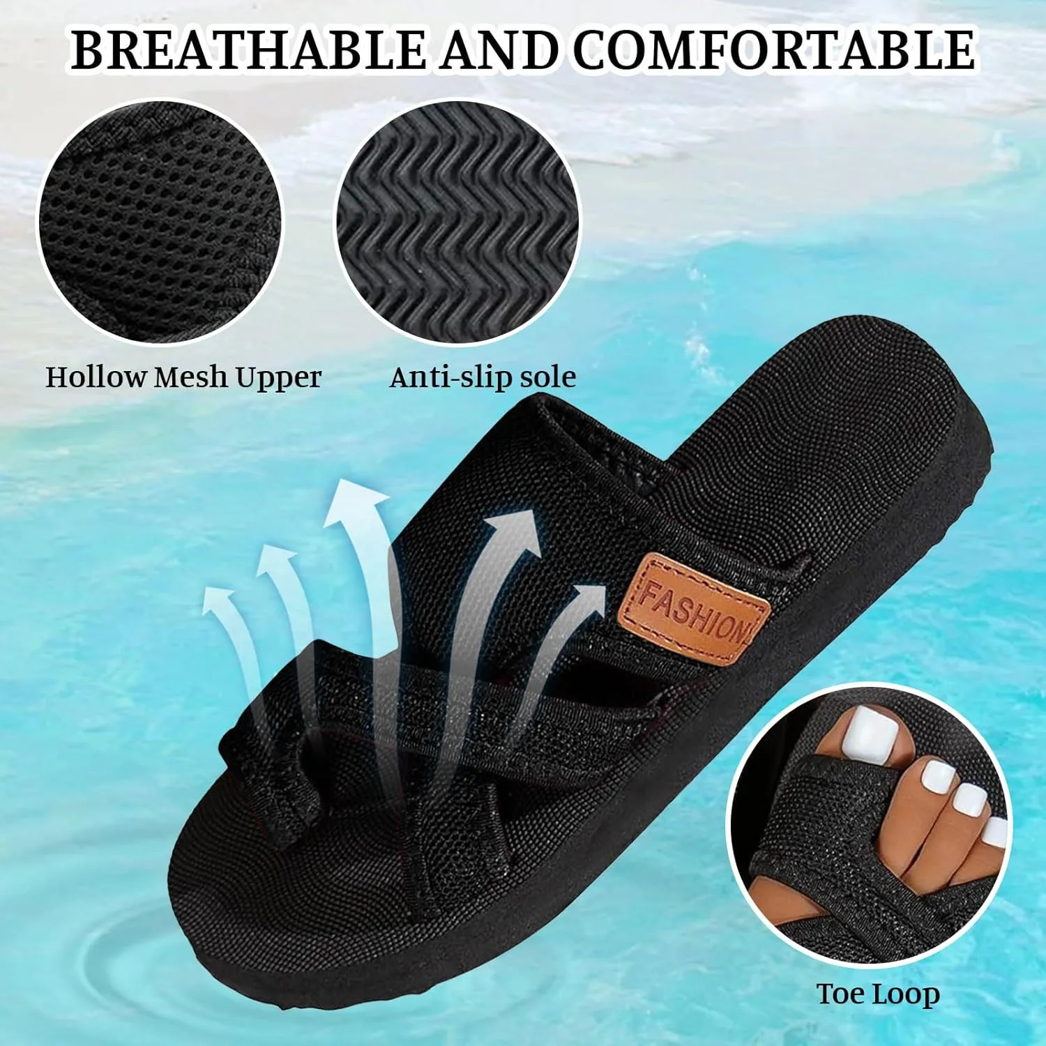 Womens Slide Sandals with Arch Support Breathable Mesh Hollow with Toe Loop Summer Casual Flats Slippers Orthotic Orthopedic Lightweight Comfortable Athletic Plantar Fasciitis Sandal Flip Flops