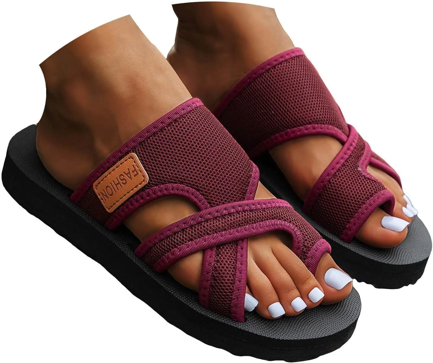 Womens Slide Sandals with Arch Support Breathable Mesh Hollow with Toe Loop Summer Casual Flats Slippers Orthotic Orthopedic Lightweight Comfortable Athletic Plantar Fasciitis Sandal Flip Flops