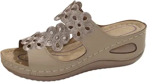 Women's Slide Sandals,Women Arch Support Slides Orthotic Walking Sandals Orthopedic Comfortable Casual Hollow Mesh Flowers Straps Slip-On Low Wedge Beach Breathable Plantar Fasciitis Bunion Sandal