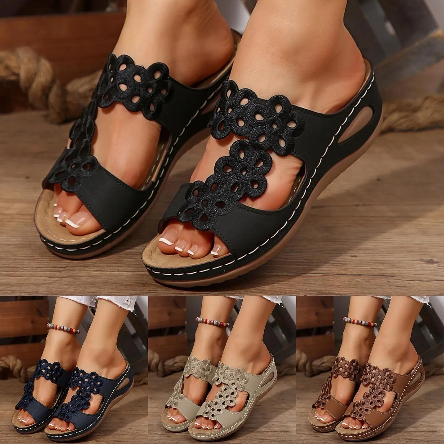 Women's Slide Sandals,Women Arch Support Slides Orthotic Walking Sandals Orthopedic Comfortable Casual Hollow Mesh Flowers Straps Slip-On Low Wedge Beach Breathable Plantar Fasciitis Bunion Sandal