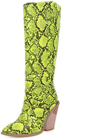 Womens Snake Print Knee High Boots Fashion Chunky Heel Pointed Toe Cowboy Boots Western Snakeskin Cowgirl Boots
