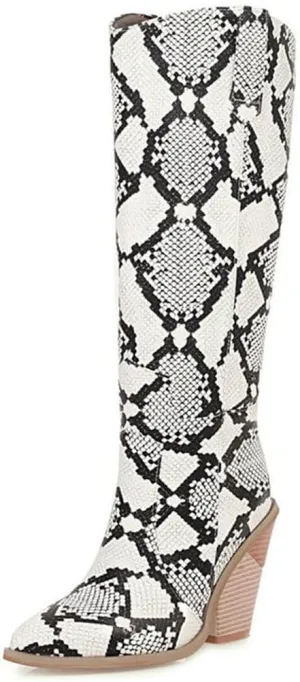 Womens Snake Print Knee High Boots Fashion Chunky Heel Pointed Toe Cowboy Boots Western Snakeskin Cowgirl Boots