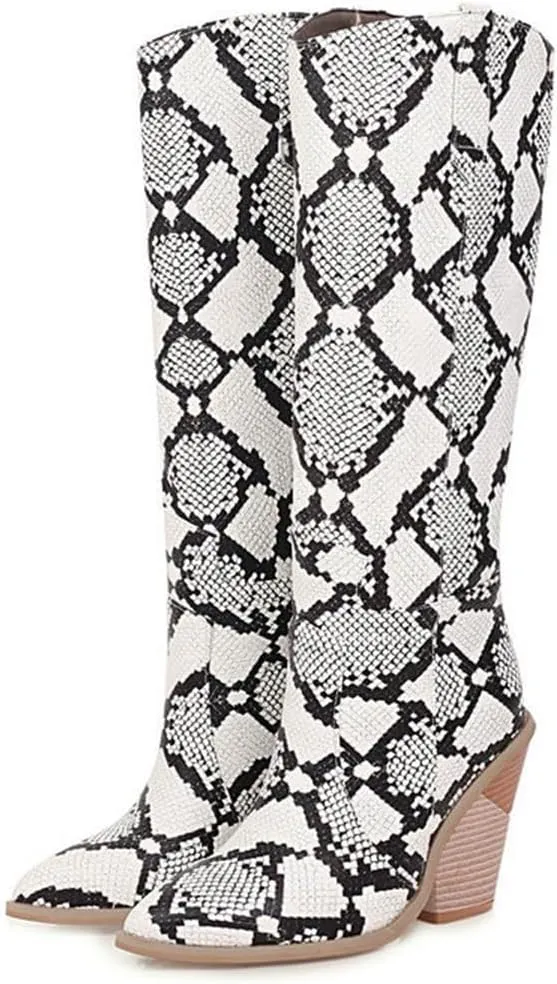 Womens Snake Print Knee High Boots Fashion Chunky Heel Pointed Toe Cowboy Boots Western Snakeskin Cowgirl Boots