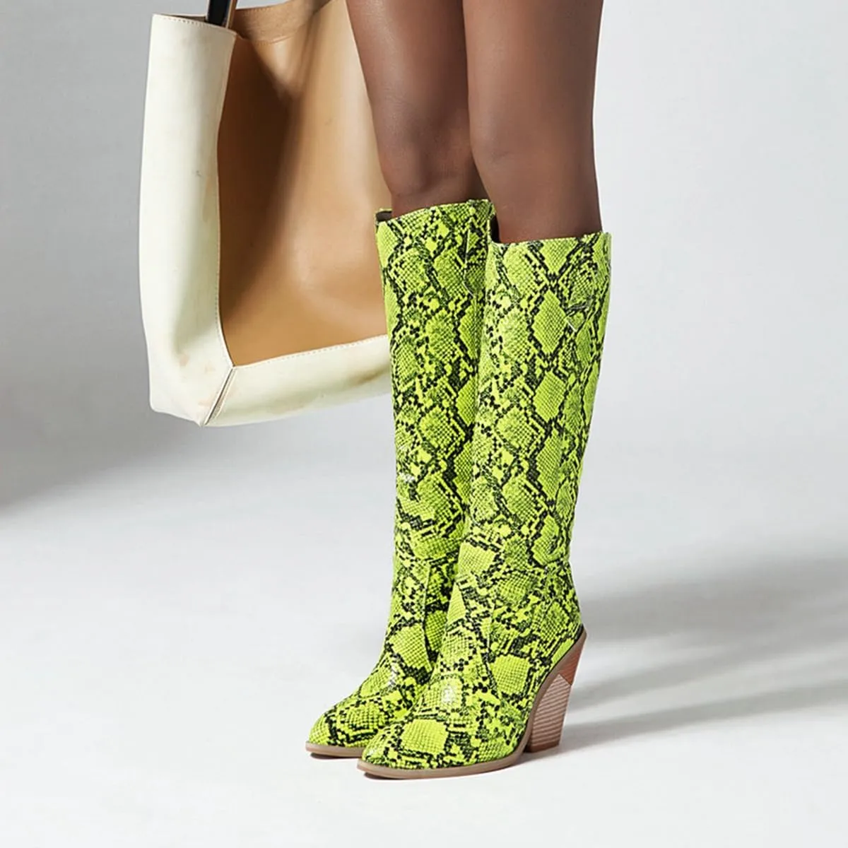 Womens Snake Print Knee High Boots Fashion Chunky Heel Pointed Toe Cowboy Boots Western Snakeskin Cowgirl Boots