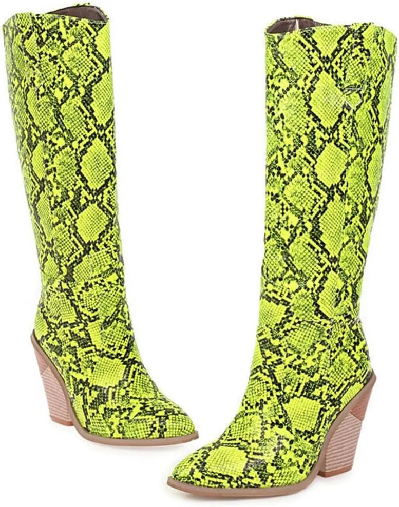 Womens Snake Print Knee High Boots Fashion Chunky Heel Pointed Toe Cowboy Boots Western Snakeskin Cowgirl Boots