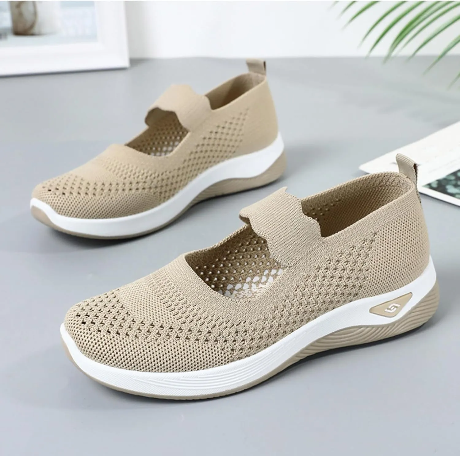 Women's Woven Orthopedic Sneakers Summer Breathable Mesh Hollow Out Soft Sole Walking Shoes Casual Lightweight Slip on Sneakers Comfortable Nurse Flats with Arch Support