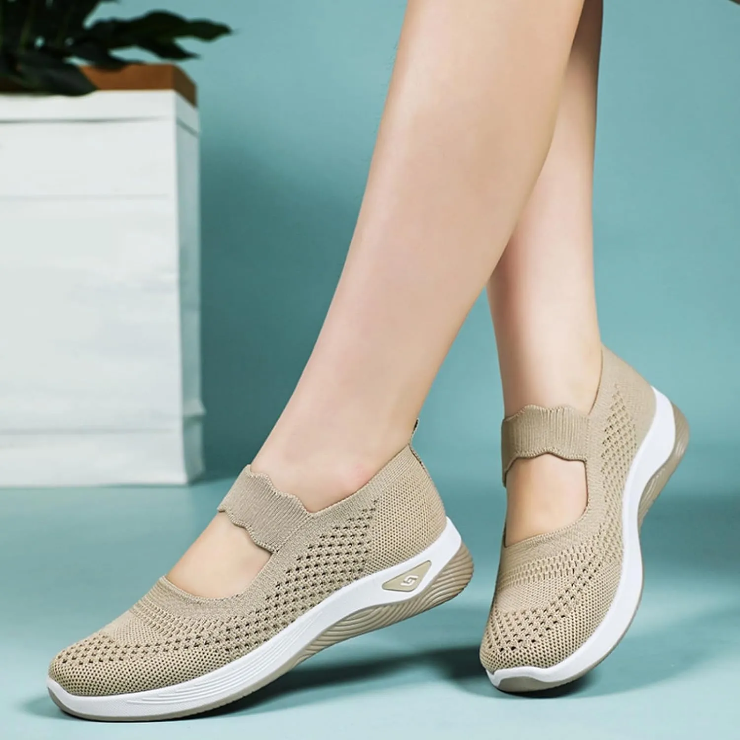 Women's Woven Orthopedic Sneakers Summer Breathable Mesh Hollow Out Soft Sole Walking Shoes Casual Lightweight Slip on Sneakers Comfortable Nurse Flats with Arch Support