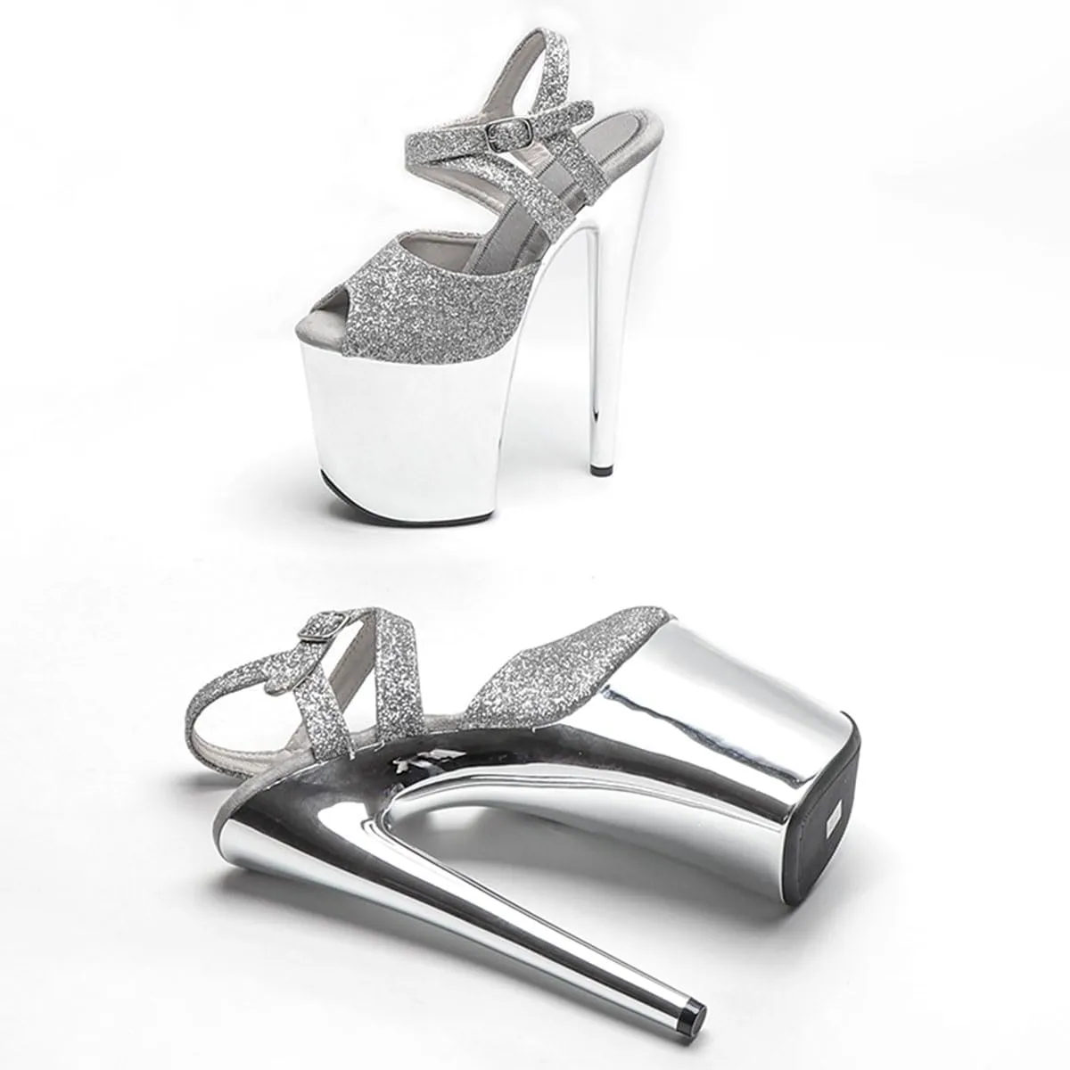 WUXIN H&P Women's Exotic Pole Dance Ankle-Strap Sandal 8 Inch Glitter Round Toe Platform Mirror Fashion Model Sexy Stiletto Custom Dress shoes High Heel