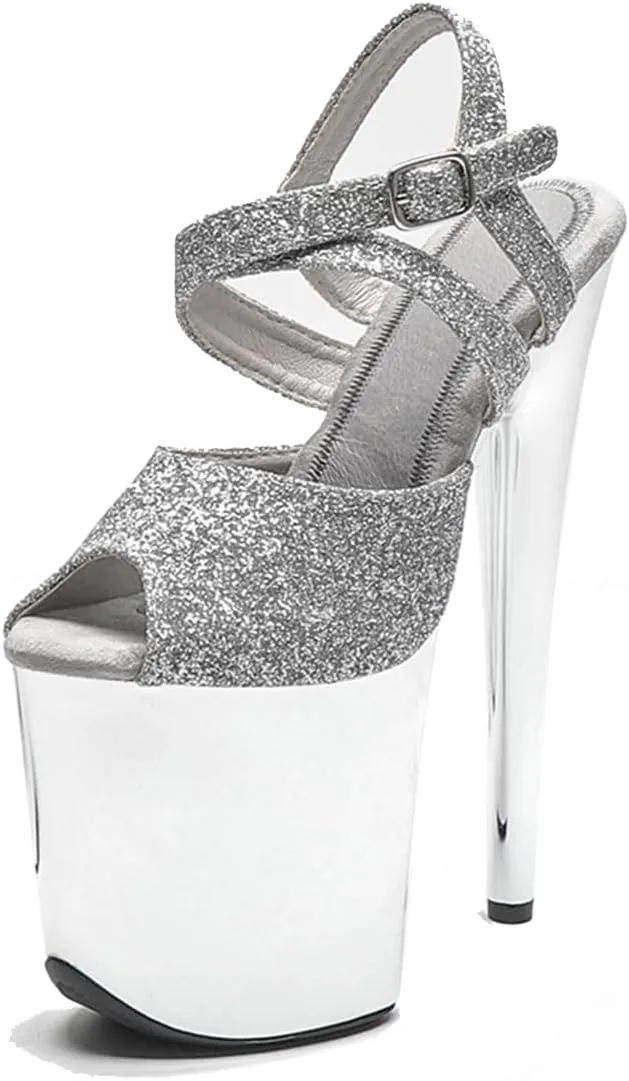 WUXIN H&P Women's Exotic Pole Dance Ankle-Strap Sandal 8 Inch Glitter Round Toe Platform Mirror Fashion Model Sexy Stiletto Custom Dress shoes High Heel
