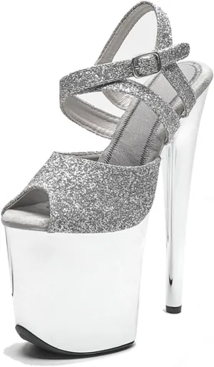 WUXIN H&P Women's Exotic Pole Dance Ankle-Strap Sandal 8 Inch Glitter Round Toe Platform Mirror Fashion Model Sexy Stiletto Custom Dress shoes High Heel