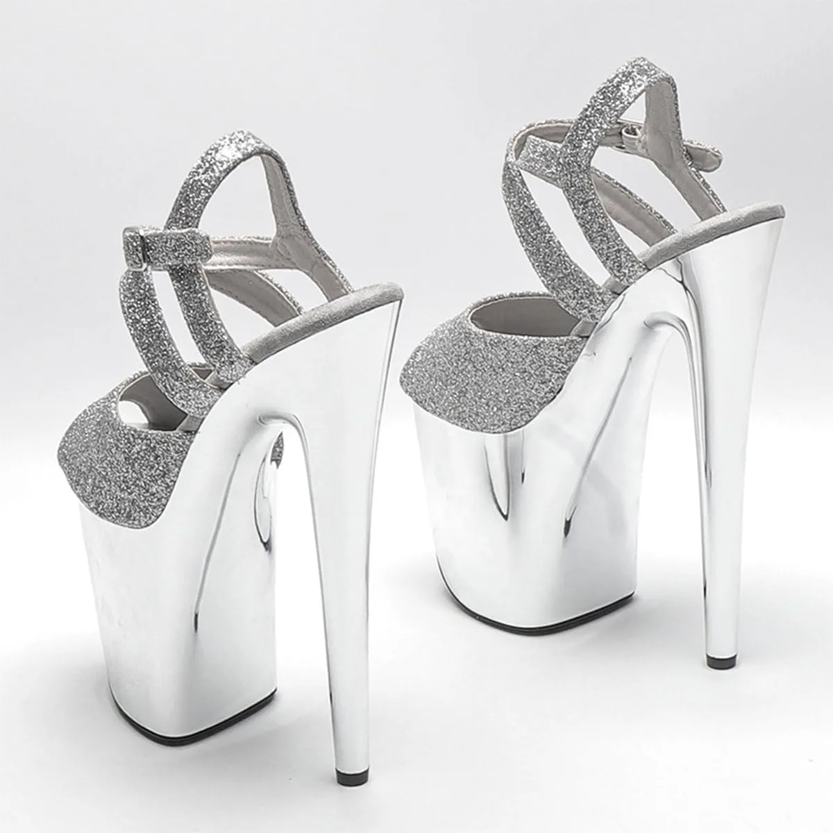 WUXIN H&P Women's Exotic Pole Dance Ankle-Strap Sandal 8 Inch Glitter Round Toe Platform Mirror Fashion Model Sexy Stiletto Custom Dress shoes High Heel