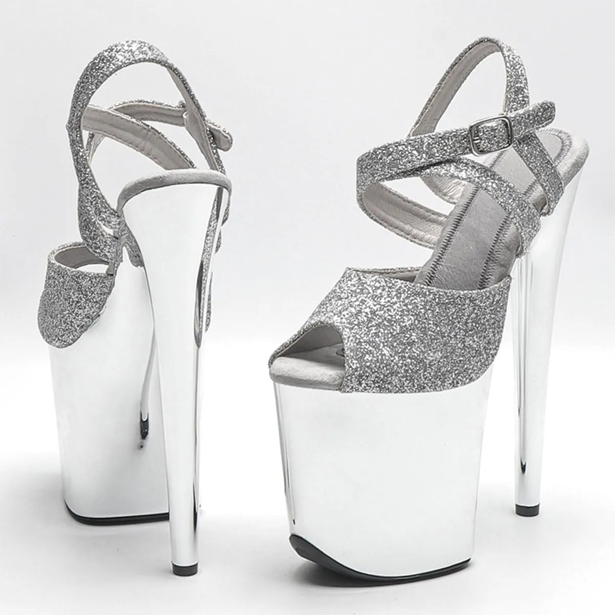 WUXIN H&P Women's Exotic Pole Dance Ankle-Strap Sandal 8 Inch Glitter Round Toe Platform Mirror Fashion Model Sexy Stiletto Custom Dress shoes High Heel