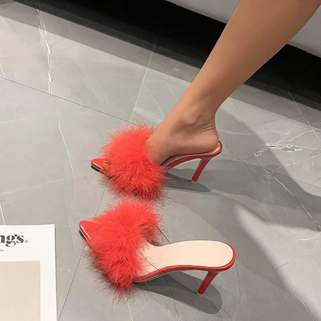 YIBLBOX Women's Fluffy Feather Pointed Toe High Stiletto Toe Wedding Dress Heel Slipper