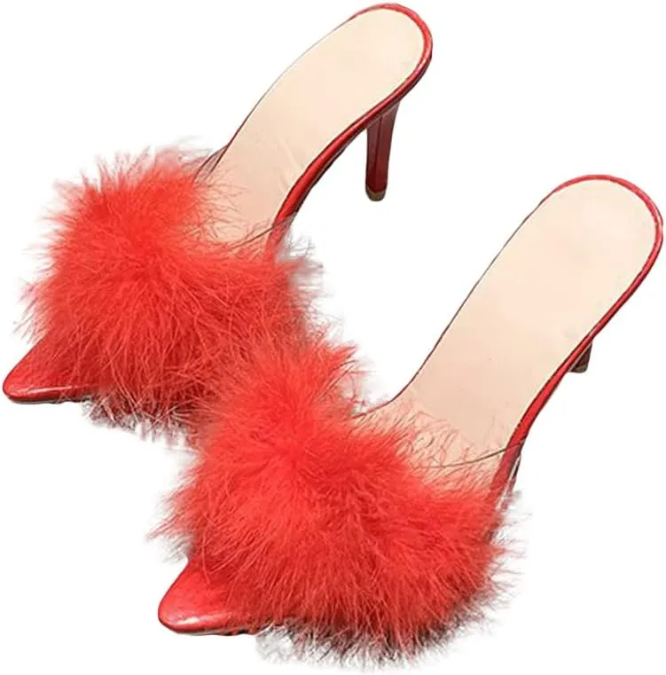 YIBLBOX Women's Fluffy Feather Pointed Toe High Stiletto Toe Wedding Dress Heel Slipper