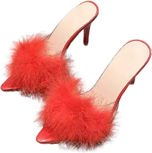 YIBLBOX Women's Fluffy Feather Pointed Toe High Stiletto Toe Wedding Dress Heel Slipper