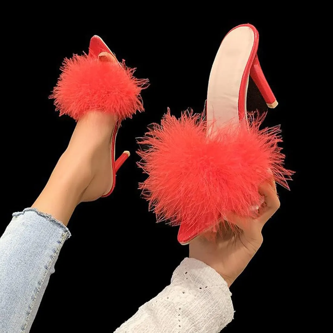 YIBLBOX Women's Fluffy Feather Pointed Toe High Stiletto Toe Wedding Dress Heel Slipper