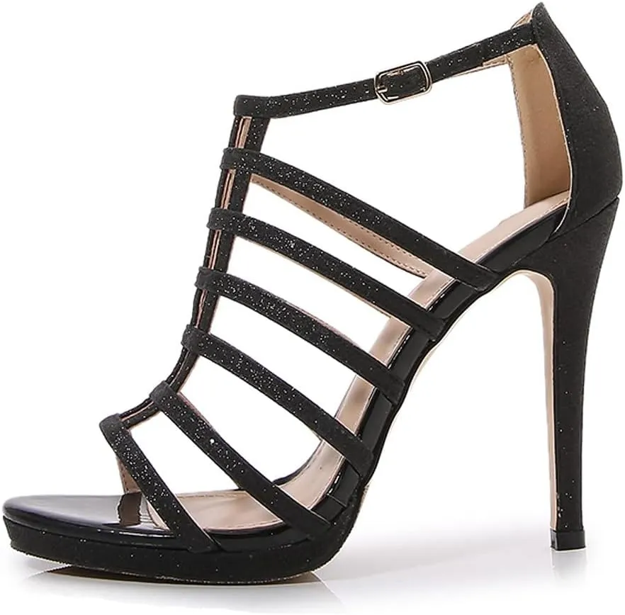 YooPrettyz Women Glitter Cutout Sexy Stiletto Peep Toe Strappy Caged Heeled Sandals Evening Platform High Heels