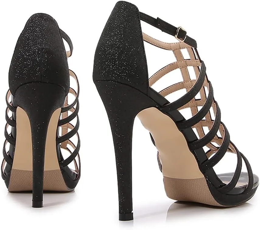 YooPrettyz Women Glitter Cutout Sexy Stiletto Peep Toe Strappy Caged Heeled Sandals Evening Platform High Heels
