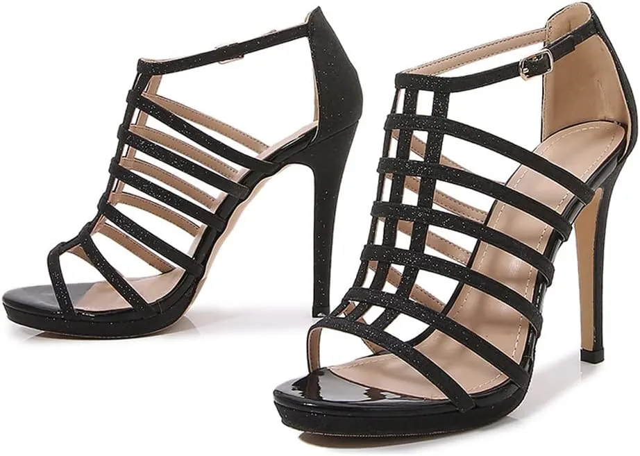 YooPrettyz Women Glitter Cutout Sexy Stiletto Peep Toe Strappy Caged Heeled Sandals Evening Platform High Heels