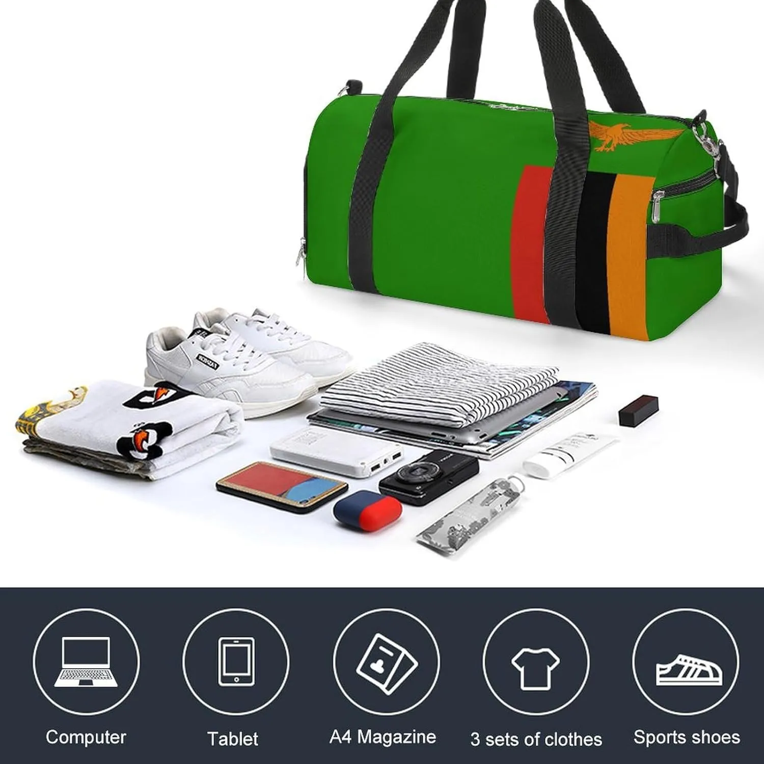 Zambia Flag Duffle Bag for Sports Lightweight Waterproof Gym Bag with Shoe Compartment