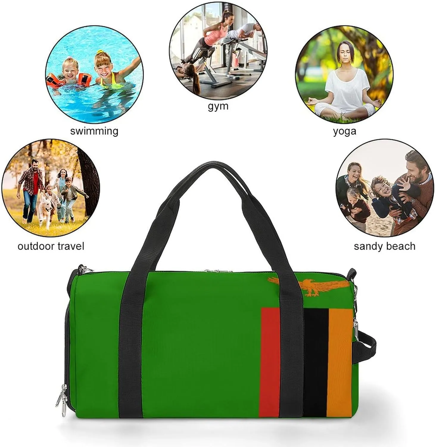 Zambia Flag Duffle Bag for Sports Lightweight Waterproof Gym Bag with Shoe Compartment