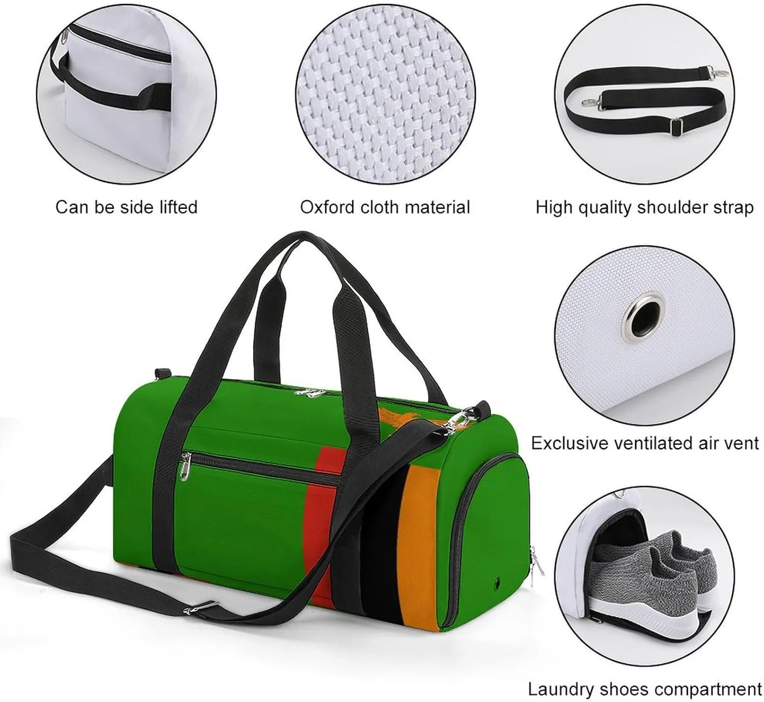 Zambia Flag Duffle Bag for Sports Lightweight Waterproof Gym Bag with Shoe Compartment