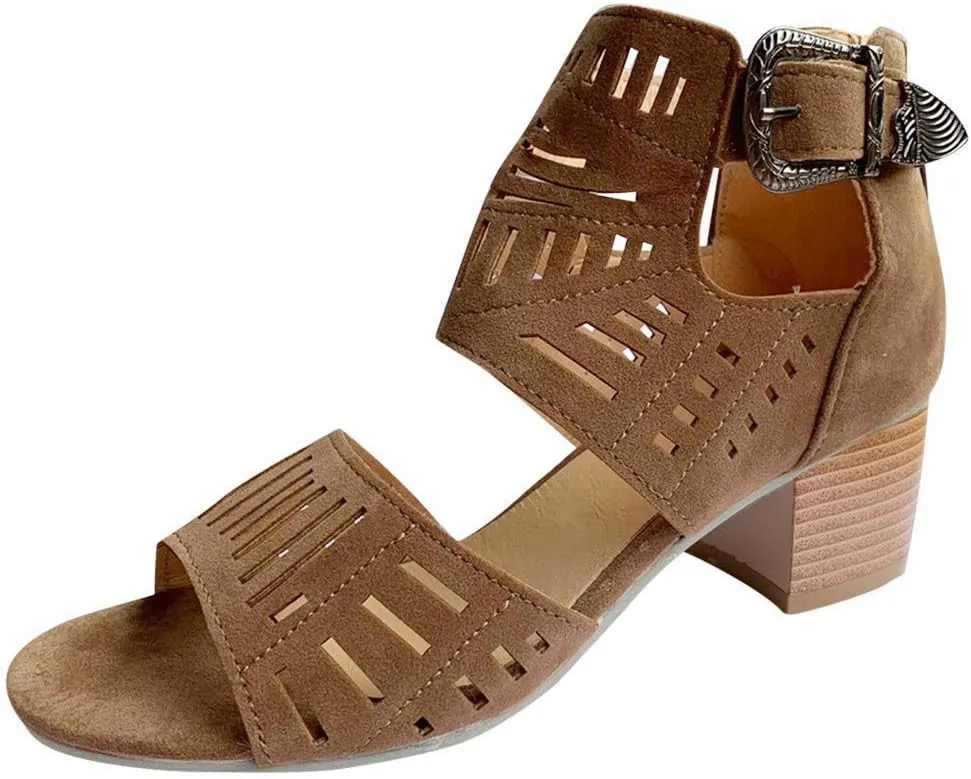 ZBYY Womens Peep Toe Sandals, Open Toe Double Buckle Cutout Stacked Heel Sandal Chunky Block Heel Ankle Strap Sandals