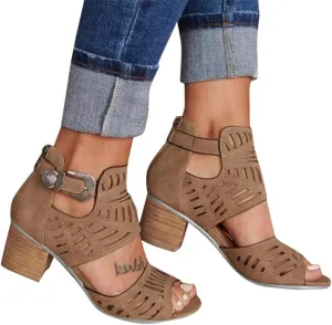 ZBYY Womens Peep Toe Sandals, Open Toe Double Buckle Cutout Stacked Heel Sandal Chunky Block Heel Ankle Strap Sandals