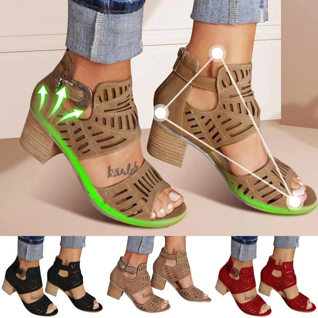 ZBYY Womens Peep Toe Sandals, Open Toe Double Buckle Cutout Stacked Heel Sandal Chunky Block Heel Ankle Strap Sandals
