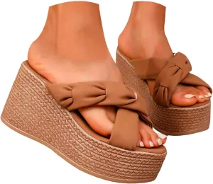 ZSpzx Espadrilles Wedge Sandals Womens Platform Bow Tie Open Toe Slides Shoes Slip On Women's Sparkly Fashion Dressy Prom Comfortable Slippers Retro Dress Summer Bohe Beach Ankle Strap Sandal